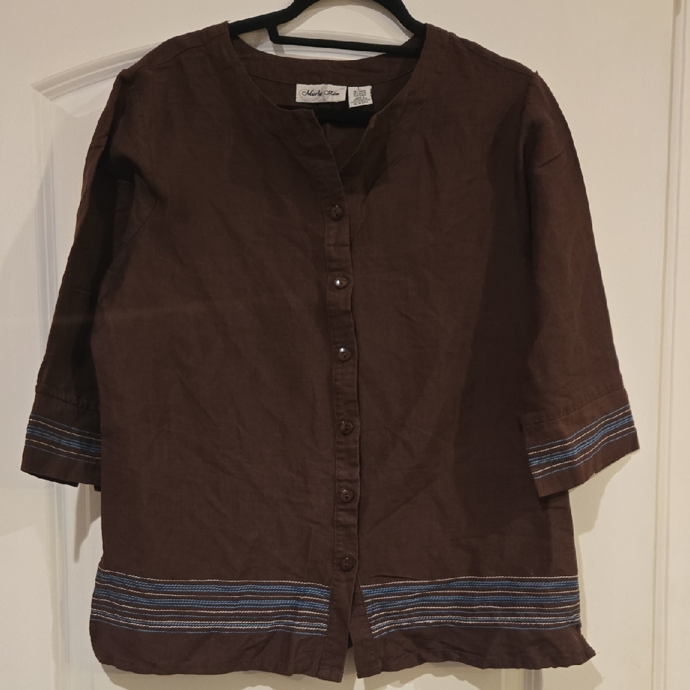 Marlo Kim Brown Shirt with Striped Hem